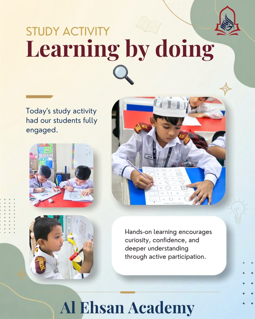Al Ehsan Academy students participating in a learning by doing classroom activity through hands-on exercises and interactive study tasks.